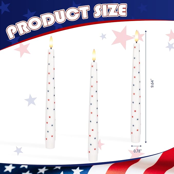 4th of July Candles, Flameless Taper Candles with Remote, 9.6" Red White and Blue Star Candles, Real Wax Flickering Independence Flameless Candles, Patriotic Candles, Battery Candles, Set of 3