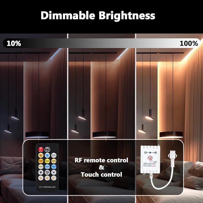 DAYBETTER COB LED Strip Light Tunable White, 32.8ft/10m 6080LEDs White LED Light Strips with Remote, 2700K-6500K Dimmable LED Tape Light, COB LED Lights for Bedroom Kitchen Under Cabinet DIY Lighting