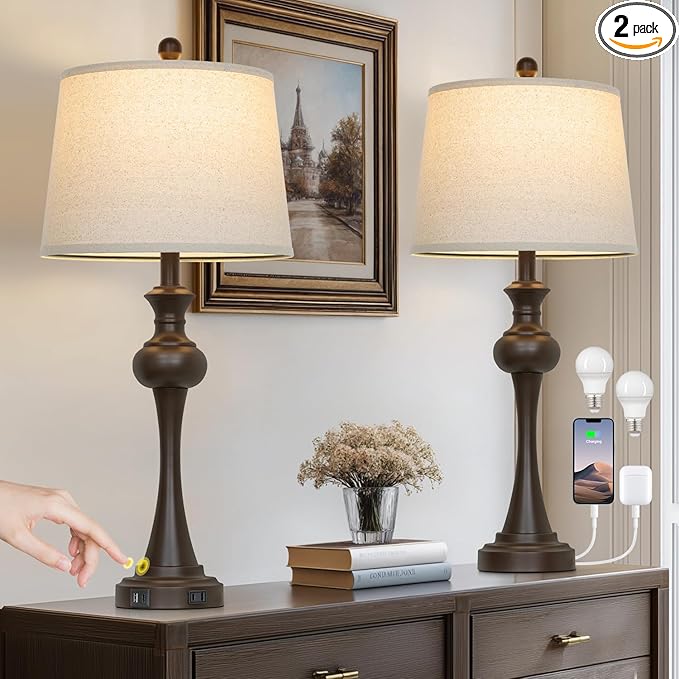 Touch Table Lamps Set of 2, 28.75" Tall Bedside Lamps with USB C+A Ports, 3-Way Dimmable Table Lamp, Nightstand lamps for Bedroom, Living Room, Office, Brown Lamps with Beige Lampshade, Bulbs Included