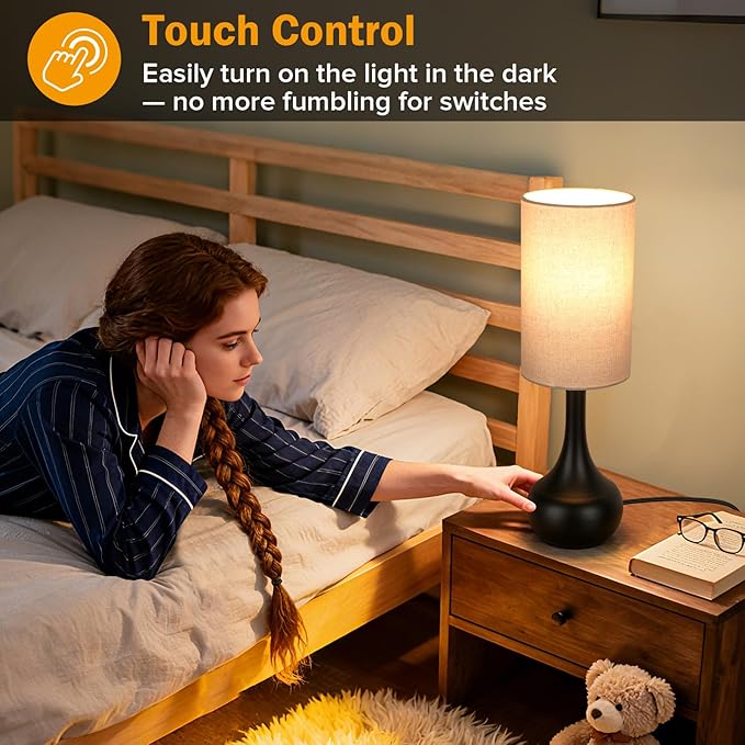 Touch Table Lamp for Nightstand, 3-Way Dimmable, Space Saving & No Assembly Required, Upgraded Small Droplet Vintage Black Bedside Lamp for Bedroom, Living Room, Office (Bulb Included)