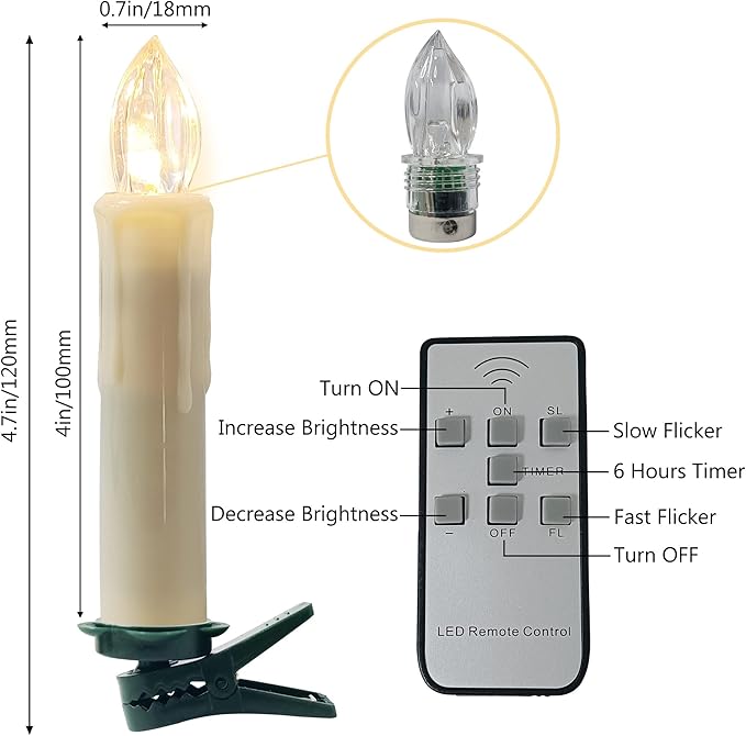LED Taper Candle Timer Candlestciks, 10pcs Mini Battery Powered Chandelier Remote LED Candles Sticks 4inches Flameless Candles with Clip Suitable for Hotels Bars Home Churches Christmas Day
