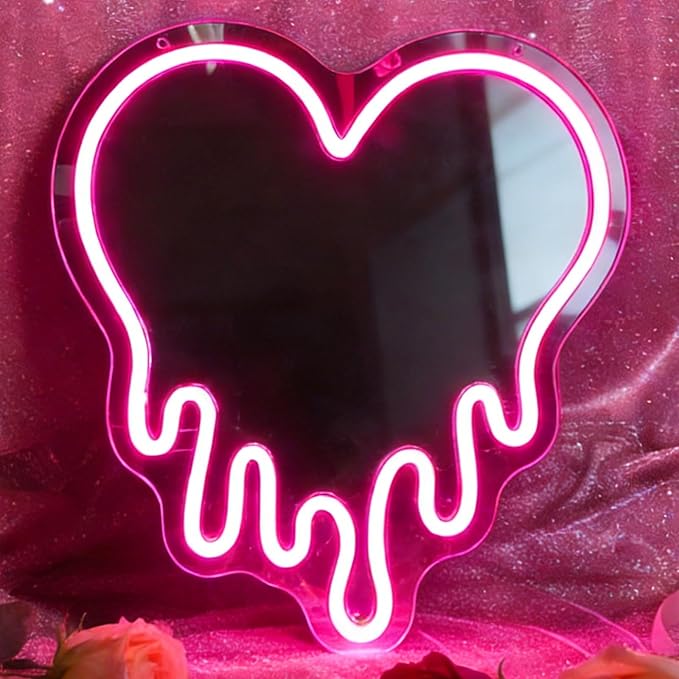 Y2K Pink Heart Neon Sign, Melting Heart Neon Mirror Light, Heart vanity mirror with lights, Love Shaped LED Wall Decor for Bedroom, Girls Room,Studio, Party, Wedding, Gift for Valentine's Day, Birthday, Anniversary