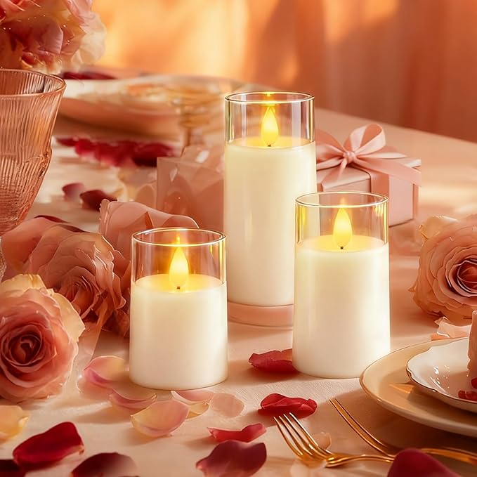 Raycare Flameless Candles Battery Operated with Remote Timer, Acrylic Flickering LED Pillar Candle for Valentine's Day Decoration, Home Decor, Gift for Family and Friend, White, Set of3