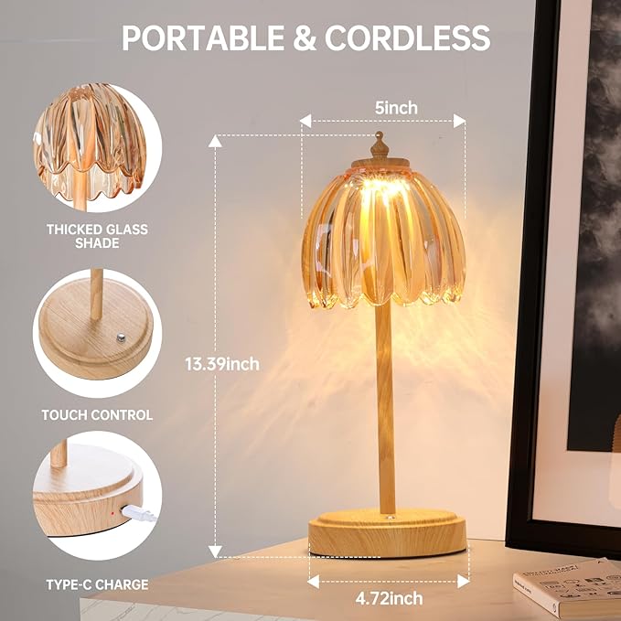 Tulip Table Lamp with 5200mAh Battery & Touch Control, Small Cordless Table Lamp with 3 Colors, Rechargeable Battery Operated Table Lamps for Bedroom, Desk, Bedside (Amber-Beech Color)