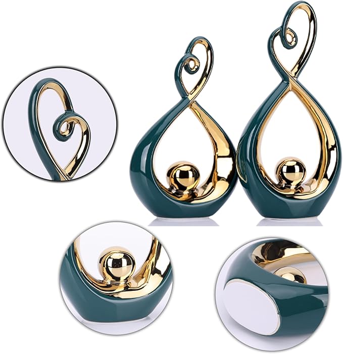 DOVDOV Modern Art Home Decor Statues, Unique Ceramic Abstract 2 Piece Set with Teal and Gold Accents for Home Decor Statues for Rooms, Bookshelves, Coffee Tables with Decorative Aesthetics.