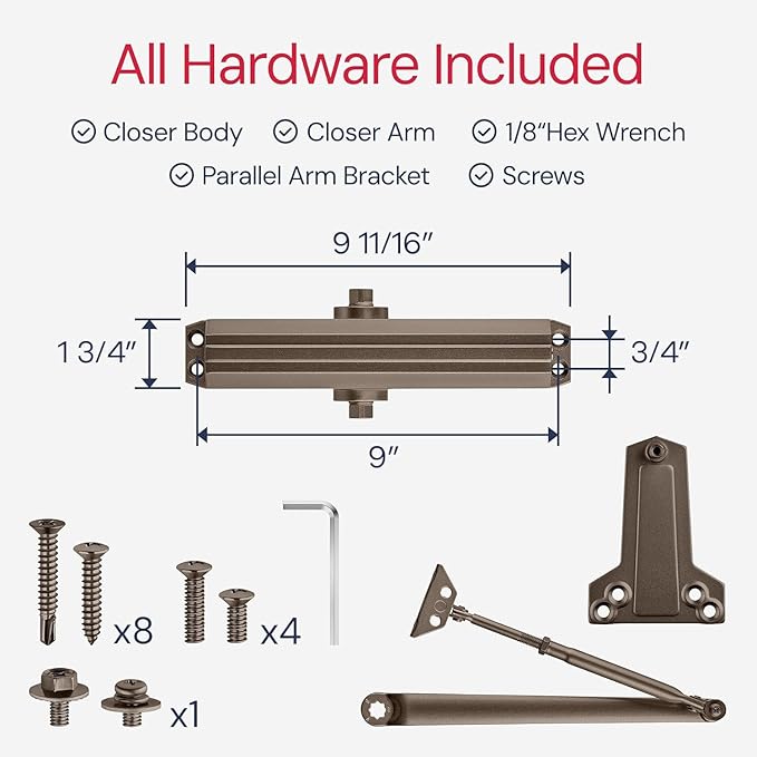 Lawrence Medium/Heavy Duty Door Closer Commercial Grade 1 - Surface-Mounted Commercial Automatic Door Closer with Adjustable 6-Speed Control and 3 Valves - Embassy Series LH5016