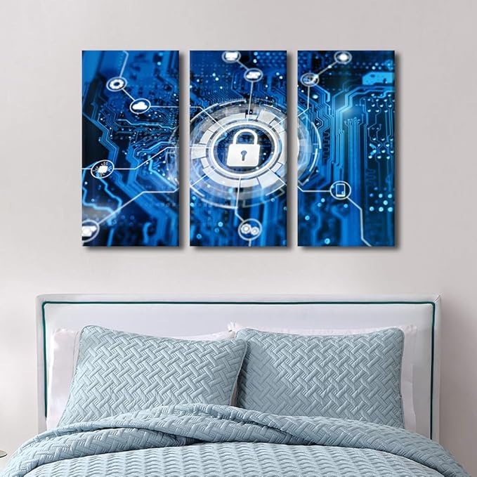 TUMOVO 3 Panel Canvas Wall Art Contemporary Art Glowing Futuristic Backround with lock on Digital Integrated Circuit Artwork for Living Room Modern Wall Decoration, Ready to Hang, 42" Wx28 H