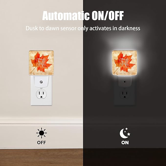Fall Autumn Maple Leaf Night Light Plug in Wall Lamp Smart Dusk to Dawn Sensor for Home Decorative, Kids Room Bedroom Bathroom Kitchen Hallway Gifts
