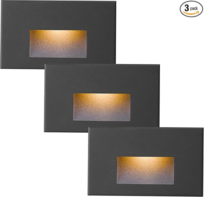 Outdoor Step Lights Indoor Stair Lights Dimmable 120V 4W 350LM, 3000K Warm White, IP66 Waterproof Horizontal LED Lights for Steps, Black Deck Stair Lights, 3-Pack