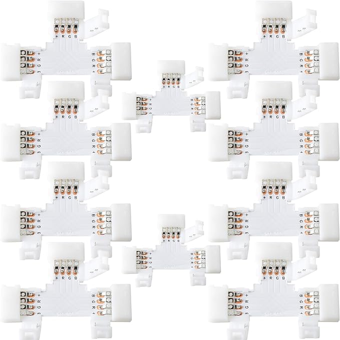 JACKYLED T Shape 4-Pin LED Connectors 10-Pack 10mm Wide Unwired Solderless Gapless Adapter Connectors Terminal Extension 12V 72W with 32pcs Clips for 5050 3528 SMD RGB LED Strip Lights