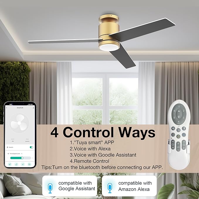 52” Smart Flush Mount Ceiling Fans with Lights Remote,Quiet DC Motor,Outdoor Indoor Low Profile Ceiling Fan,Voice Control via WiFi Alexa App,Modern Gold and White Black Fan for Bedroom Patio