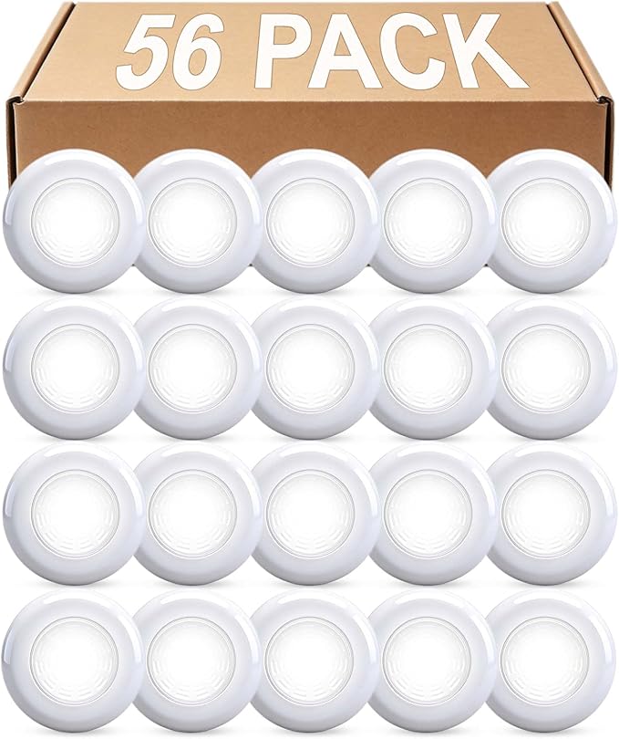 Tap Light Push Lights, 56-Pack Small Bright LED Puck Light Touch Night Lights Battery Operated Stick on Light for Closet Kitchen Cabinet Classroom DIY Letter Lights Holiday Party Decorations