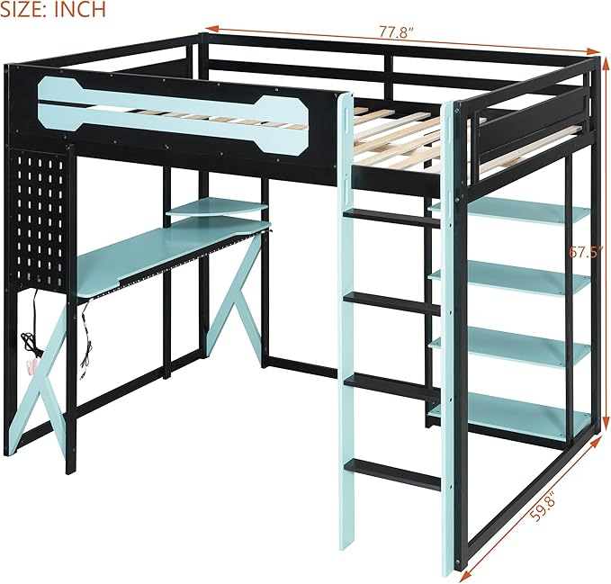 MERITLINE Ultimate Gaming & Study Loft Bed: Full Size Wood Frame with Integrated Desk, RGB Lights, Charging Station, Bookshelf & Pegboard (Black+Blue)