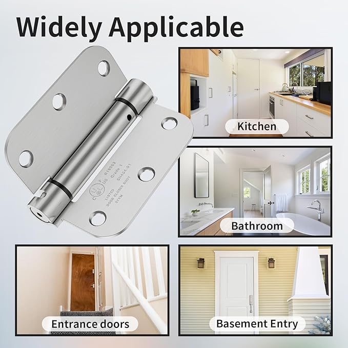 4 Pack Self Closing Door Hinges 3.5 Inch, Spring Door Hinge with 5/8'' Radius Corners, Adjustable Tension for Garage, Front, Back Door, UL Listed, Left and Right Hand, Brushed Nickel