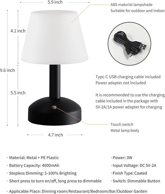 KDG Modern Cordless Small Table Lamps, Portable LED Dimmable Desk Lamp, 4000mAh Rechargeable Battery Operated Lighting for Restaurant/Bedroom/Bedside/Bar/Outdoor/Camping/Night Light(Black)