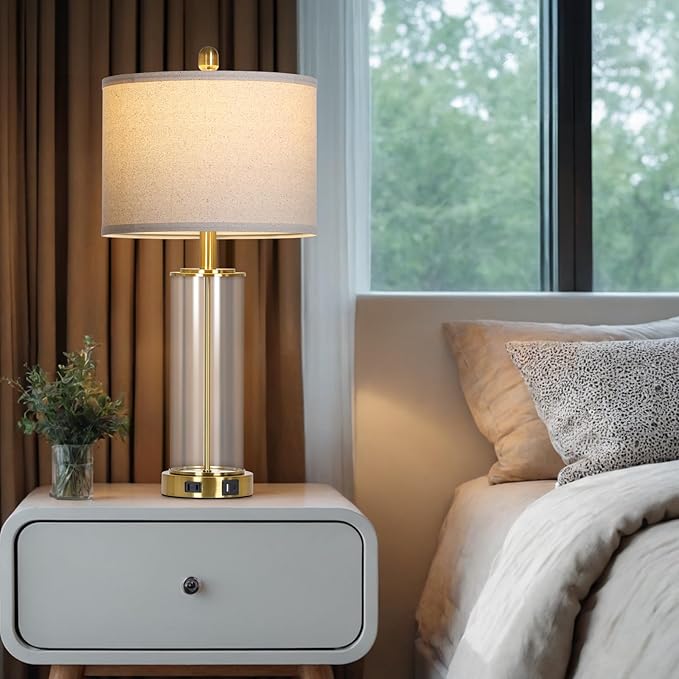 26" Glass Table Lamp Single, 3-Way Dimmable Touch Control Living Room Lamp with USB C+A Ports & AC Outlet, Modern Bedside Lamps, Bedroom Lamps for Nightstand Side End Table Desk, Gold-1PK