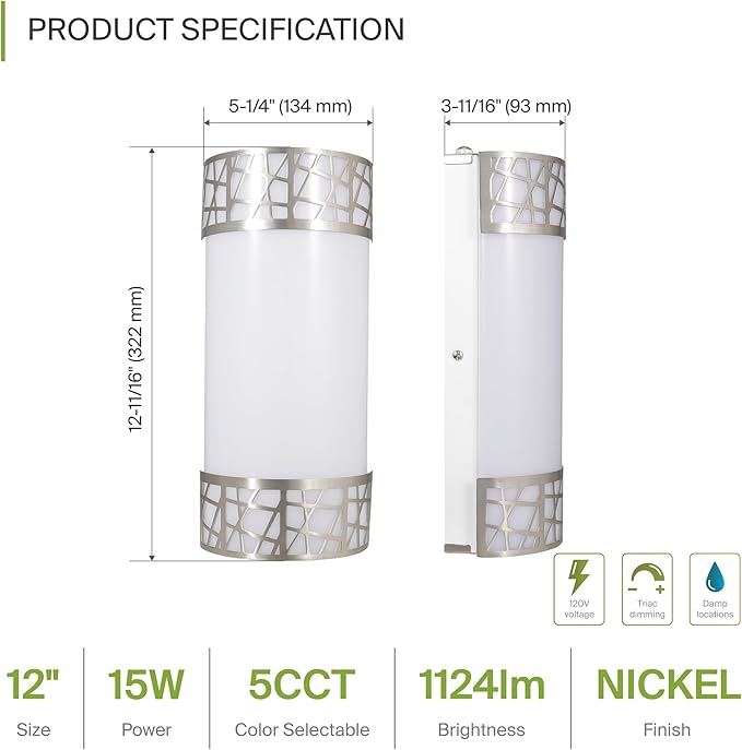 ASD 12 Inch LED Indoor Wall Sconce - Brushed Nickel Modern Dimmable 15W 2700K-5000K Adjustable Wall Mounted Light Fixtures, Wall Lights for Bedroom, Bathroom, Living Room, Hallway Decor - ETL 4 Pack