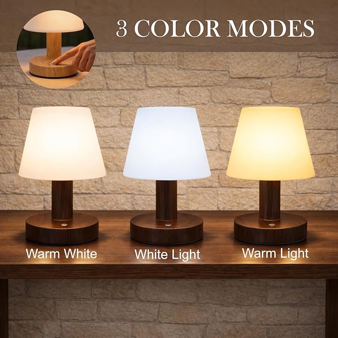 Cordless Table Lamp, Rechargeable Table Lamp, Waterproof Shower Lamp, 5200mAh Small Table Lamps, 3-Color Dimmable Touch Light, Portable Outdoor and indoor table lamp, Bedside night light (Dark Wood)