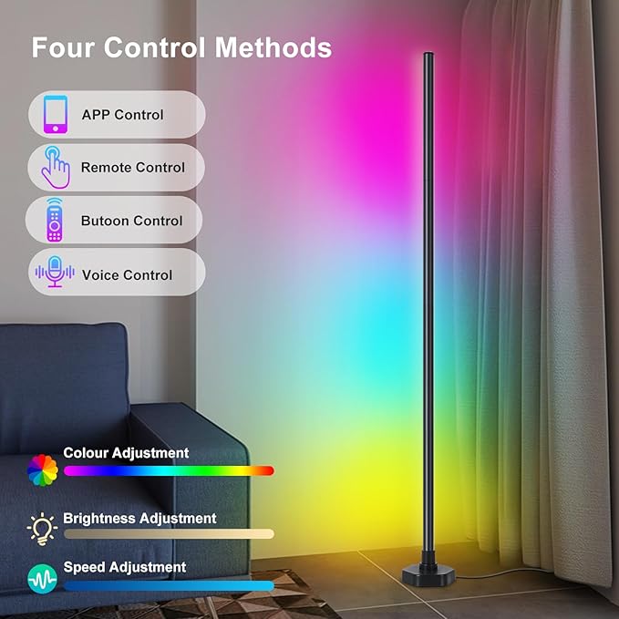 Corner Floor Lamp, RGB LED Corner Lamp with Music Sync, Smart App and Remote Control Color Changing Ambience Light, 16 Million DIY Colors Timer Setting for Bedroom, Living Room