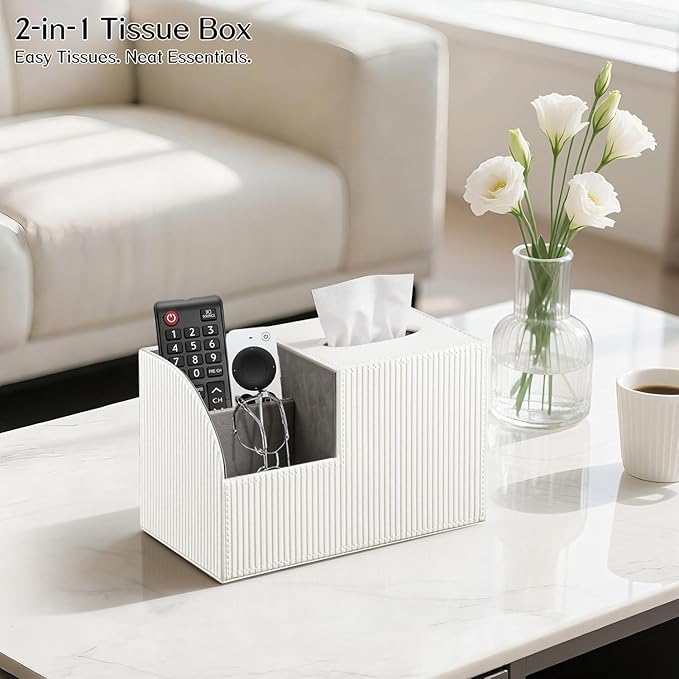 Fanousy Square Tissue Box Cover with Storage, PU Leather Cube Tissue Box Holder, Remote Control Nightstand Organizer, Modern Desk Caddy for End Table, Bathroom, Bedroom, Home, Office Decor