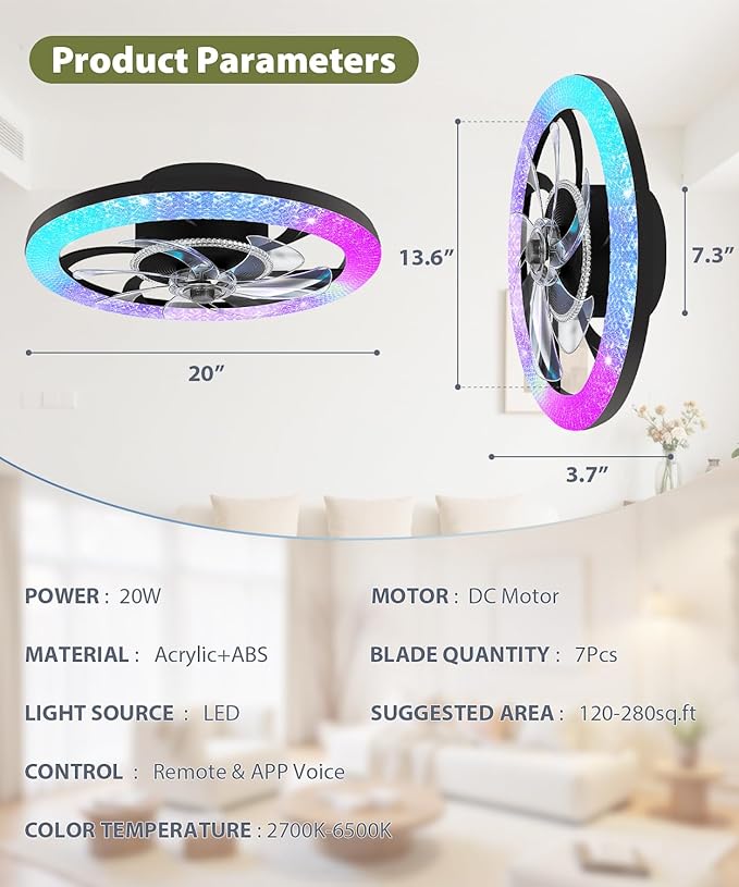2 in 1 Wifi RGB-LED 20” Ceiling Fans with Lights and Remote, 3000-6500K Dimmable Flush Mount Smart Low Profile Ceiling Fan with Lights, Bluetooth Bladeless Fans with APP, for Bedroom, Black