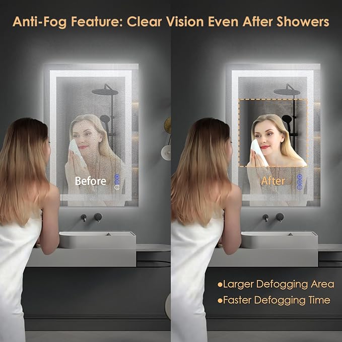 16×24 inches LED Bathroom Mirror, Bathroom Vanity Mirror with Lights for Wall, Wall Mounted Vanity for Bathroom Makeup, Stepless Dimmable&Colors, Anti-Fog, Memory Function, Waterproof