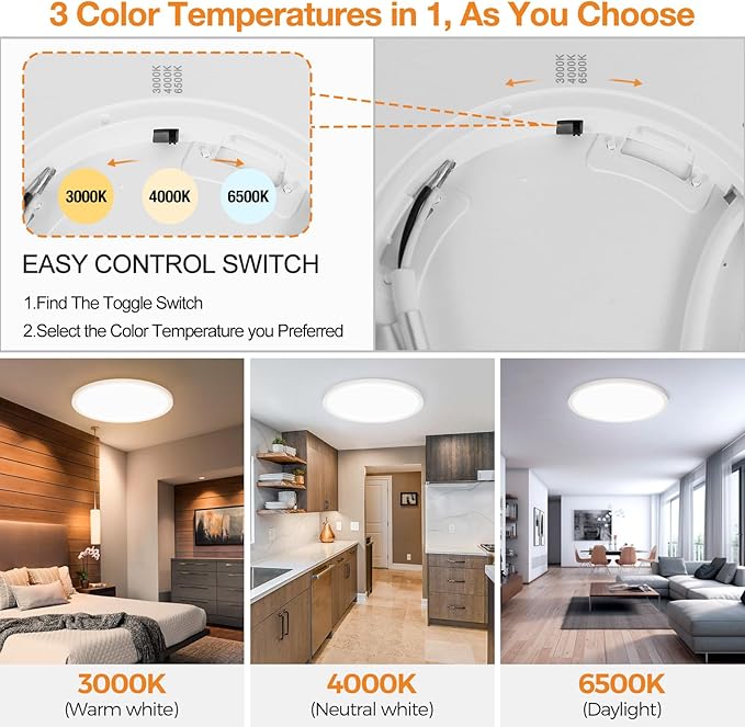 8PACK LED Flush Mount Ceiling Light Fixture, 3000K-4000K-6500K & 150W Equivalent Modern Kitchen Recessed Ceiling Lamp 24W 3200Lm 12Inch Closet Round Surface for Bathroom Laundry Bedroom Hallway