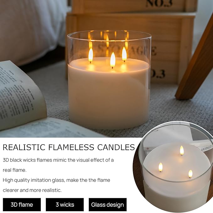 Extra Large Flameless Candles with 3 Wicks, 6"x6" Glass Battery Operated Candles with Remote, Real Wax Flickering LED Candles Fake Candle for Home, Wedding, Party, Clear