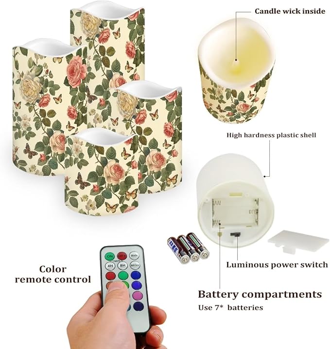 Retro Rose Flameless Candles with Remote Color Changing Battery Operated Pillar Candles with Flickering Flame Electric Fake Plastic Candles Tea Light Living Room Dining Table Decor