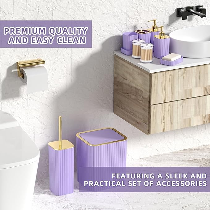 XLHOMO Bathroom Accessories Set - Gorgeous Bathroom Set, 10PC Purple Bathroom Accessory Set, Toilet Brush, Trash Can & Soap Dispenser