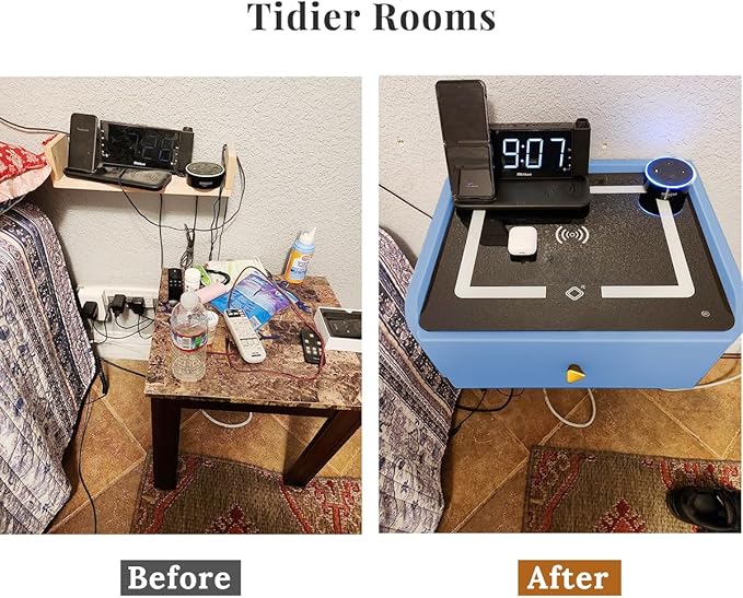 HOMEMORE Floating Nightstand with Charging Station Bedside Table LED Smart Bedside Table Wall Mounted Nightstand Blue