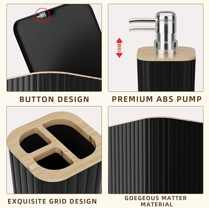 XLHOMO Bathroom Set - 25PC Black Bathroom Set with Shower Curtain and Rugs, Bathroom Accessories Set, Black Shower Curtain Set with Bathroom Trash Can
