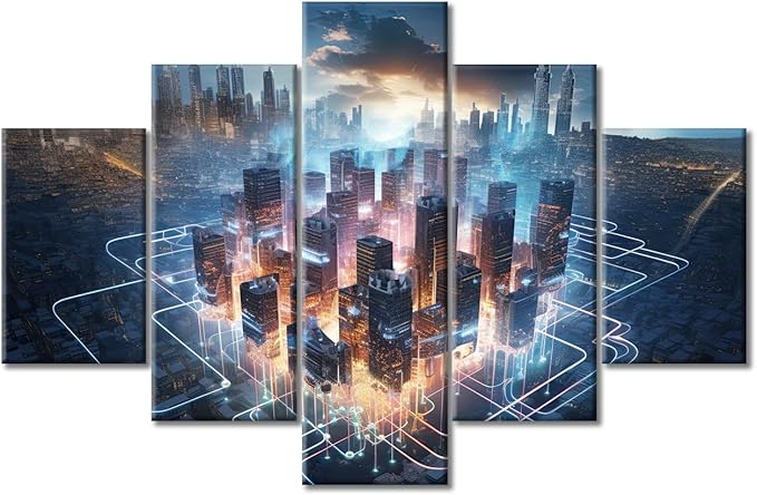 5 Piece Artificial Intelligence Concept Wall Art for Living Room Massive Brain Powering a Futuristic City Painting on Canvas Wall Decor Art Modern Bedroom Wall Art Framed Ready to Hang, (60"Wx40"H)