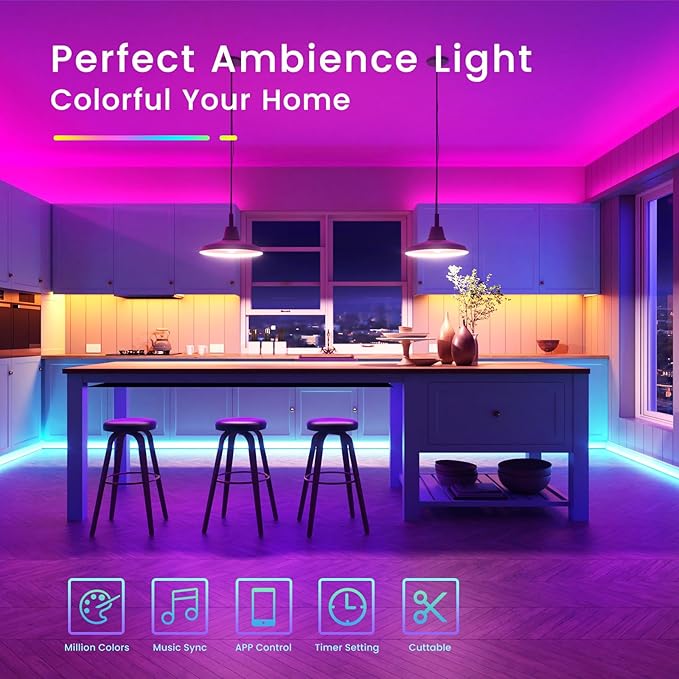 TJOY 60ft Bluetooth LED Strip Lights, Music Sync LED Lights Strip,RGB Color Changing Lighting with Remote,Smart Phone APP Control,Lighting for Bedroom,Ceiling,Room DIY(APP+Remote +Mic/60ftx1)