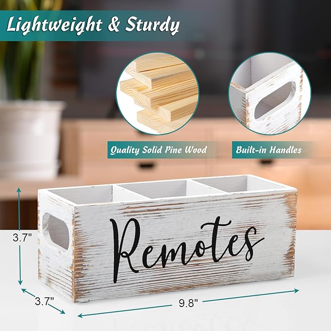DRASTAR Remote Control Holder, Wood TV Remote Holder, Remote Storage Caddy, Remote Control Organizer (Retro White, 3 Slots)