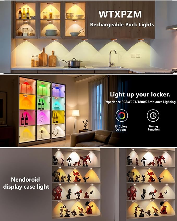 Puck lights with remote, 2000mAh rechargeable cabinet light, Under Cabinet Lighting Wireless, Display Cabinet, Dimmable Magnetic Stick-On Shelf , push lights battery operated，(Wood Color, 3 Pcs)