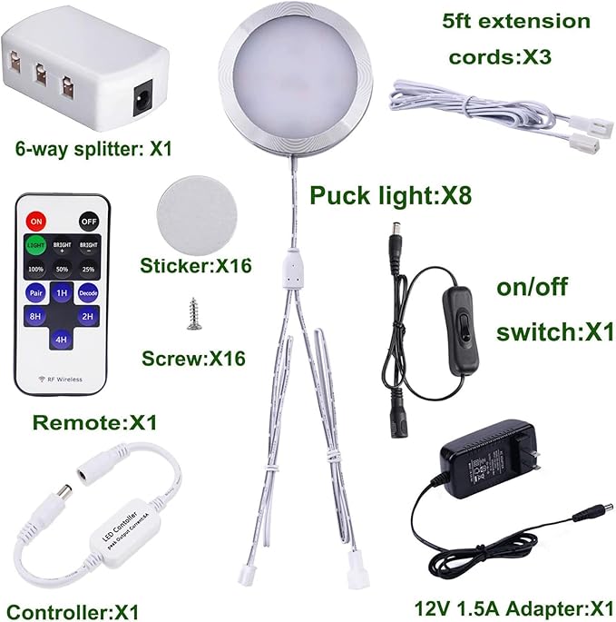 AIBOO Linkable Under Cabinet LED Lighting 12V Slim Aluminum Dimmable Puck Lights with RF Remote Control & UL Listed Plug for Display Bookshelf Lighting(8 Lights, Daylight White)