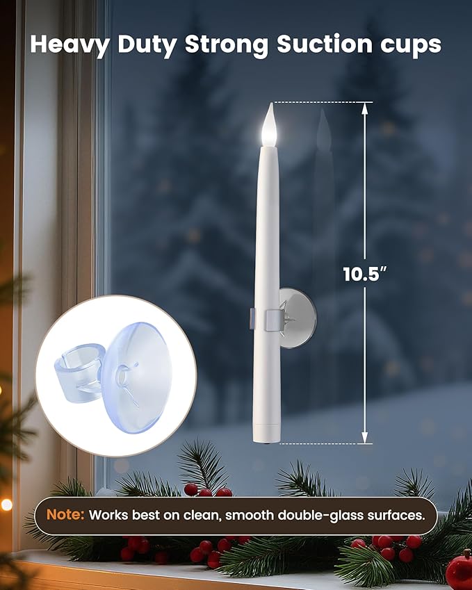 SURAIELEC 10.5'' Battery Window Candles with Suction Cups, Dusk-to-Dawn Christmas Window Candles, 5000K Cool White, Flameless LED Candle for Windows, 6 Pack (Rechargeable Battery Not Compatible)