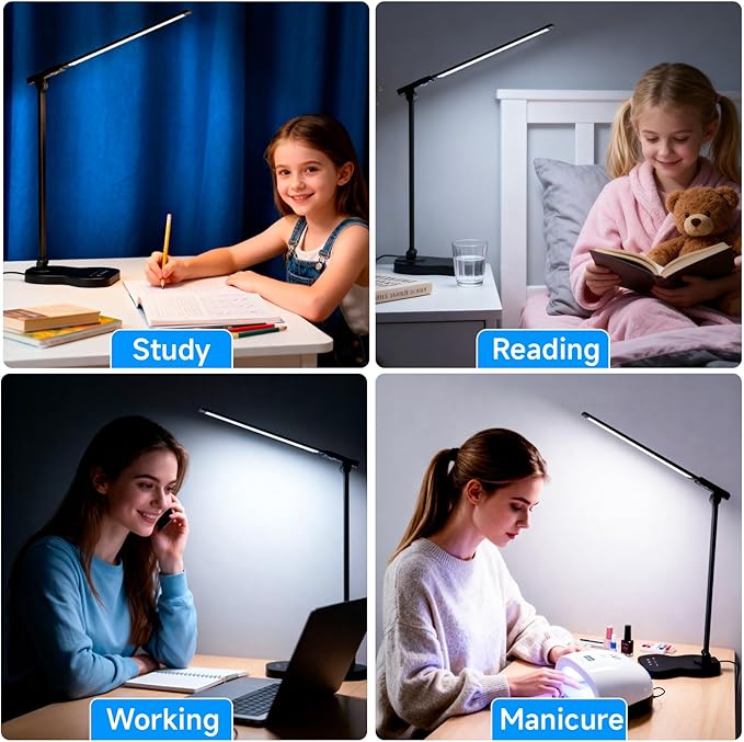 LED Desk Lamp with USB Charging Port, 5 Color Modes 10 Brightness, Dual Swing Arm Dimmable Desk Lamps for Home Office Nail Dorm (Black)