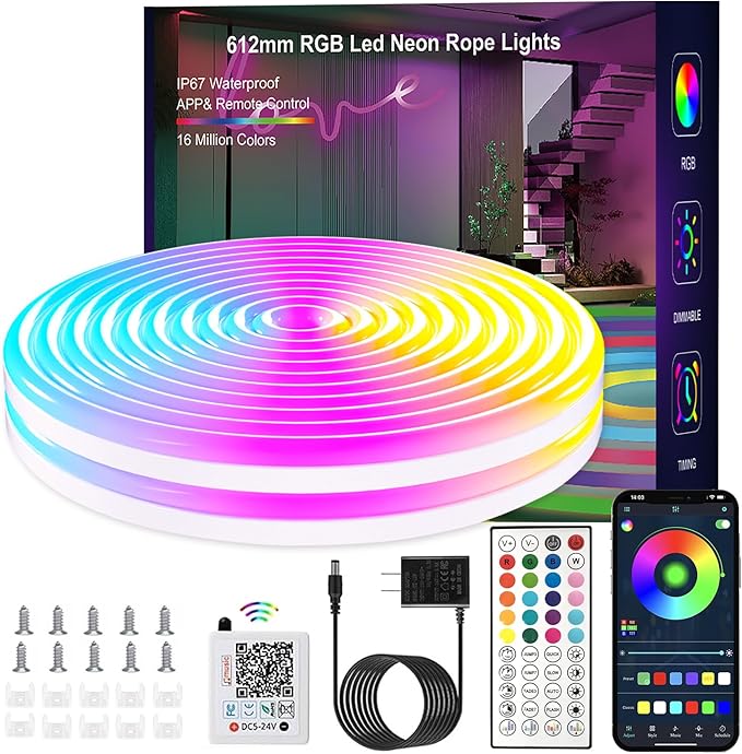 16.4FT Neon Rope Lights,RGB LED Strip Lights,App Control,IR Remote,Music Syncing,Outdoor IP67 Waterproof,Flexible Led Rope Lights,Cuttable,for Bedroom,Gaming,Party,Outdoors Decor