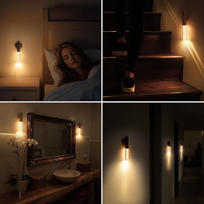 Motion Sensor Night Light Indoor, Rechargeable Night Light Wall Sconce Wooden Set of 1, Battery Powered Magnetic Wall Sconce Decor for Bedroom, Hallway, Bathroom, Stairway, Closet
