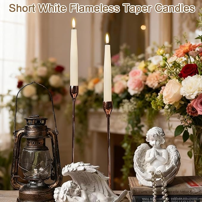 Flameless Taper Candles Battery Operated with Remote Timer, Real Wax LED Taper Candles with 3D Flickering Wick, 4 Pack Ivory Flameless Candlesticks for Spring Wedding Home Bedroom Decor