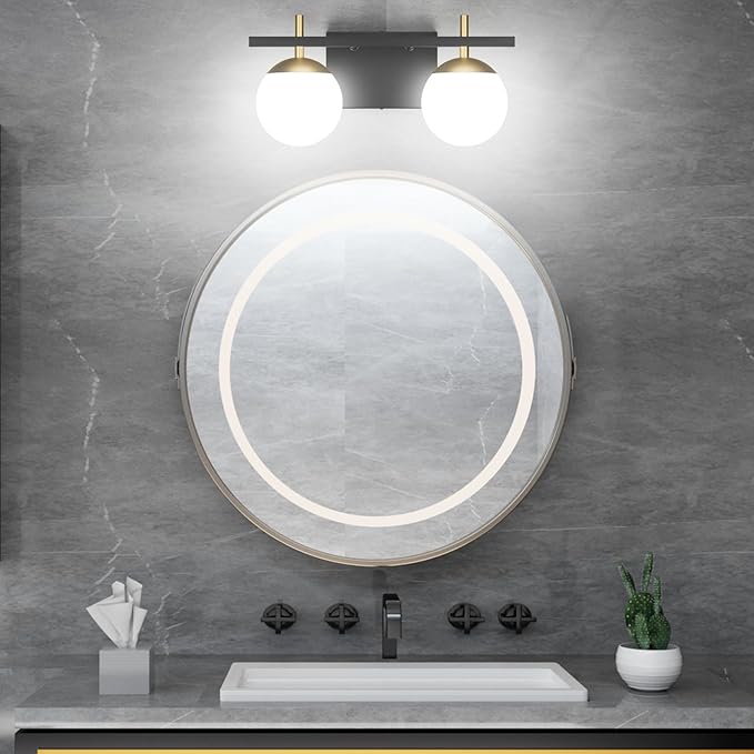 Ralbay 2-Light Black and Gold Bathroom Vanity Light Mid Century Modern Milky Glass Ball Wall Light for Bathroom 2 Light Black/Golden