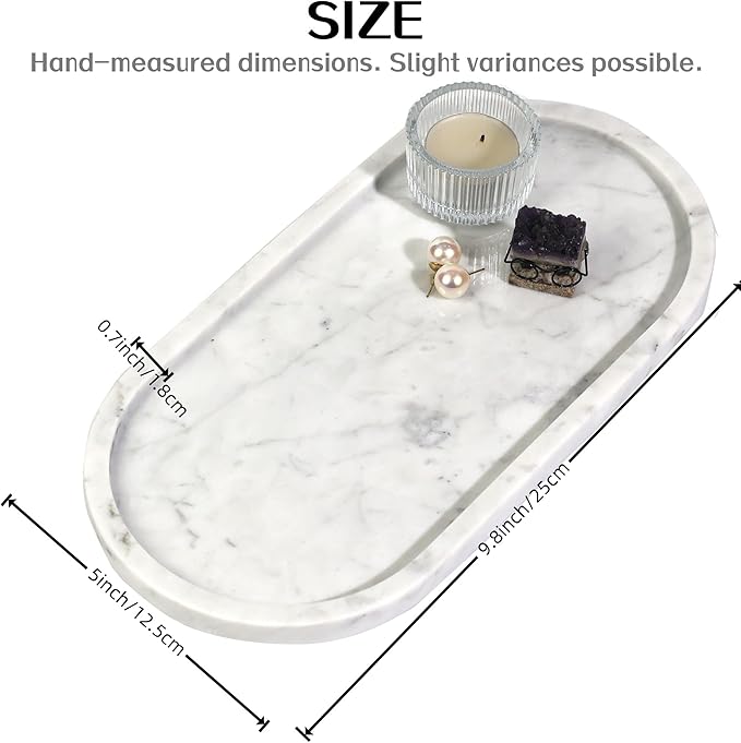 Marble Vanity Tray Organizer - 9.8"x5" Italy Natural Stone Decorative Tray，Jewelry, Perfume & Candle Display Tray，Bathroom Vanity, Dresser Top, Nightstand Decor