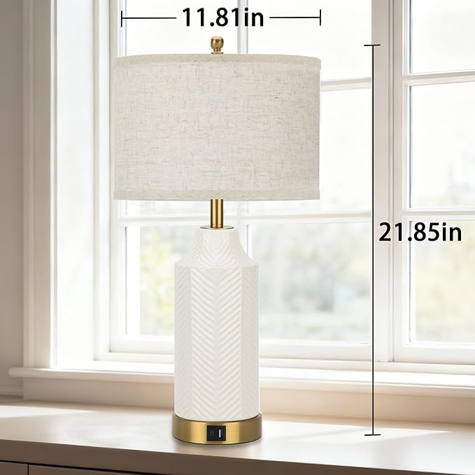 22" Touch Table Lamps Set of 2 with USB A+C Ports for Living Room, Dimmable Nightstand Ceramic Lamps with Linen Shade, Modern Bedside Lamp for Bedroom Home Decor, No Bulbs (2, White and Beige)