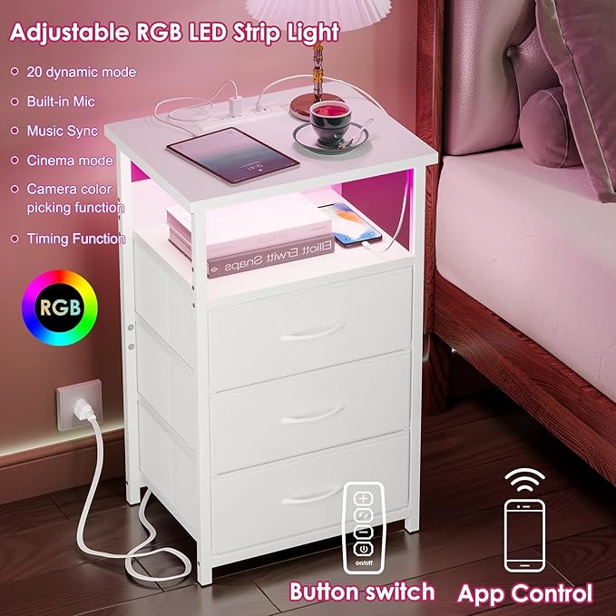 Fixwal White Nightstand with Charging Station, LED Night Stand with 3 Fabric Drawers and Open Shelf, Bedside End Table in Bedroom