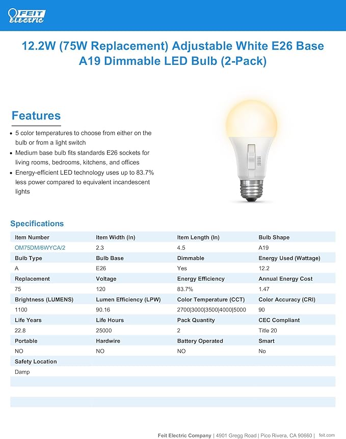 Feit Electric A19 LED Light Bulb, 75W Equivalent, Dimmable, Color Selectable 6-Way, 5CCT, E26 Medium Base, 90 CRI, 1100 Lumens, Damp Rated Lightbulb, 22-Year Lifetime, OM75DM/6WYCA/2, 2 Pack