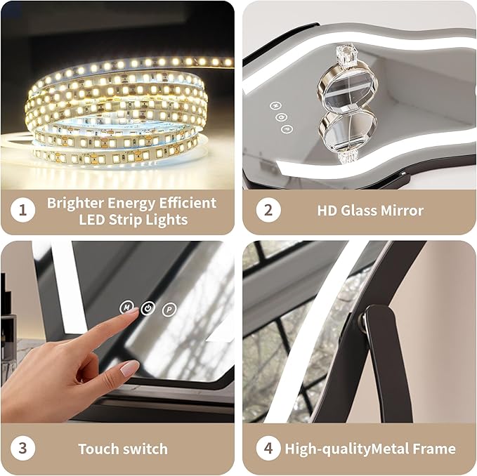Makeup Mirror with Lights - 17″ Cloud Shaped Smart Touch 3-Color Dimmable 360° Rotation Memory Metal Frame Plug-in AC Power Tabletop Vanity Mirror Gift for Women Teen Girls Black