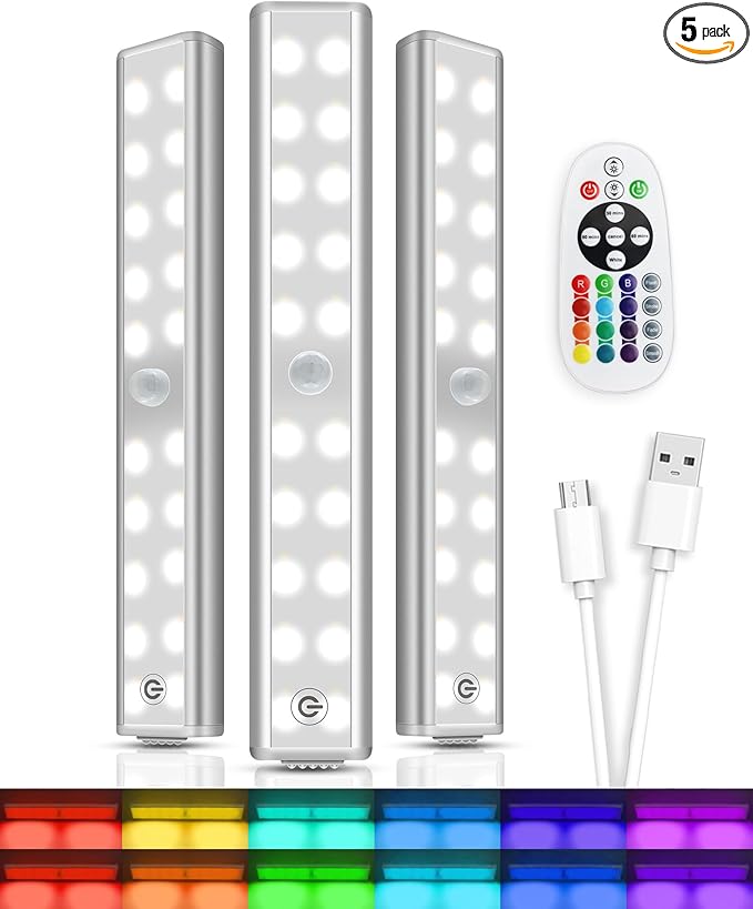 Under Cabinet Lights with Remote Control,15 Colors Under Cabinet Lighting Wireless,Rechargeable Battery LED RGB Night Light Bar withTimer,Dimmable Under Counter Lights for Indoor Kitchen,3Pack