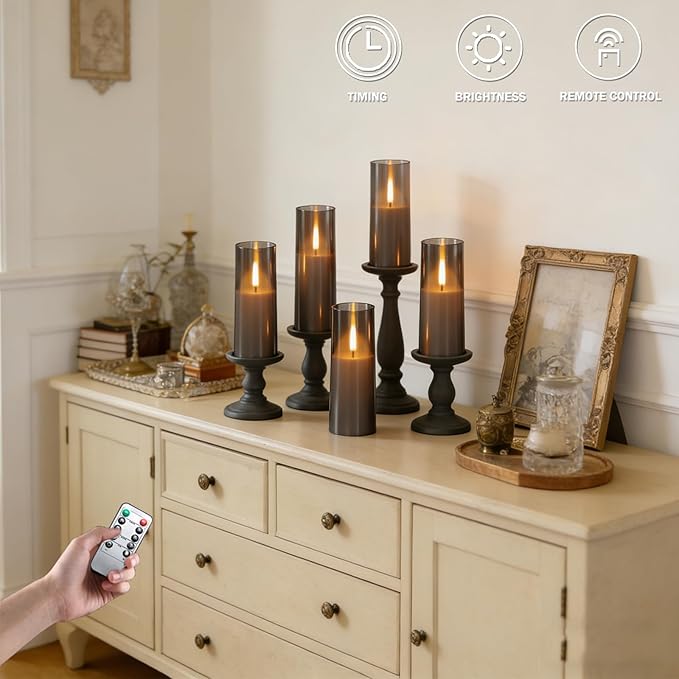 8 Packs Flameless Candles, Battery Operated with Remote, Arcylic Ribbed LED Flickering Candles, Realistic Dancing Flame Pillar Candles for Home, Wedding, Christmas Party D2.2 (Grey)